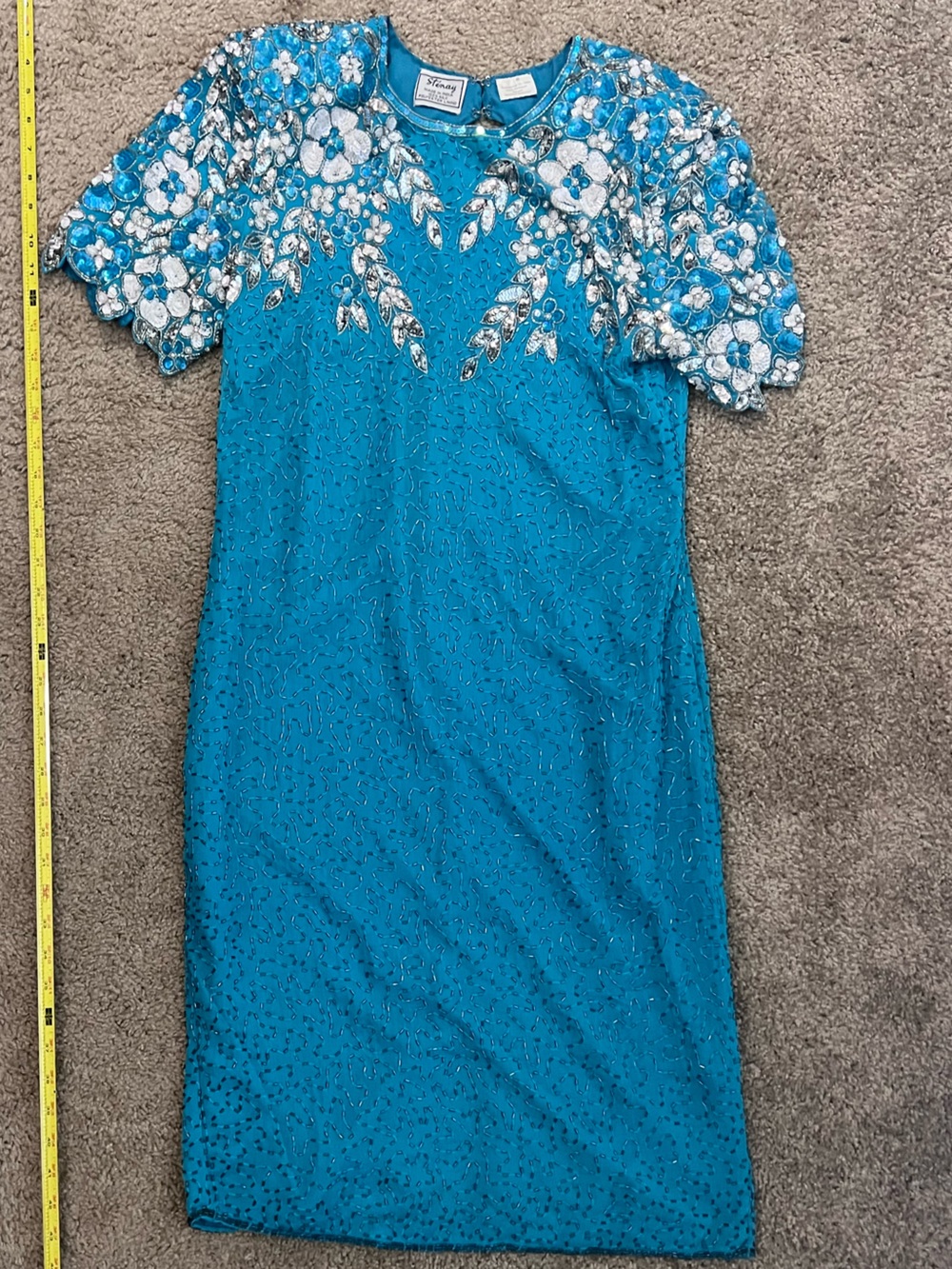Stenay Turquoise Silk Beaded Floral Cocktail Dress Size 8